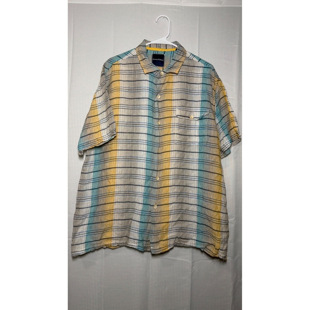 Tommy Bahama‎ Men's XL Linen Plaid Button Up Shirt Blue Yellow Tropical